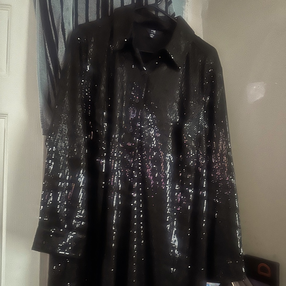 Black Sequin Long Sleeve Shirt Dress